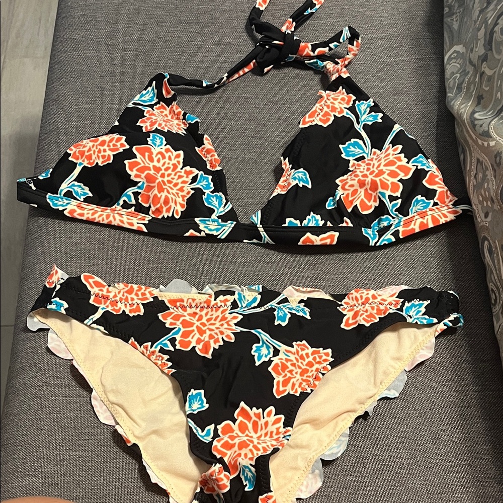 Floral Bikini Set with Orange and Blue Accents